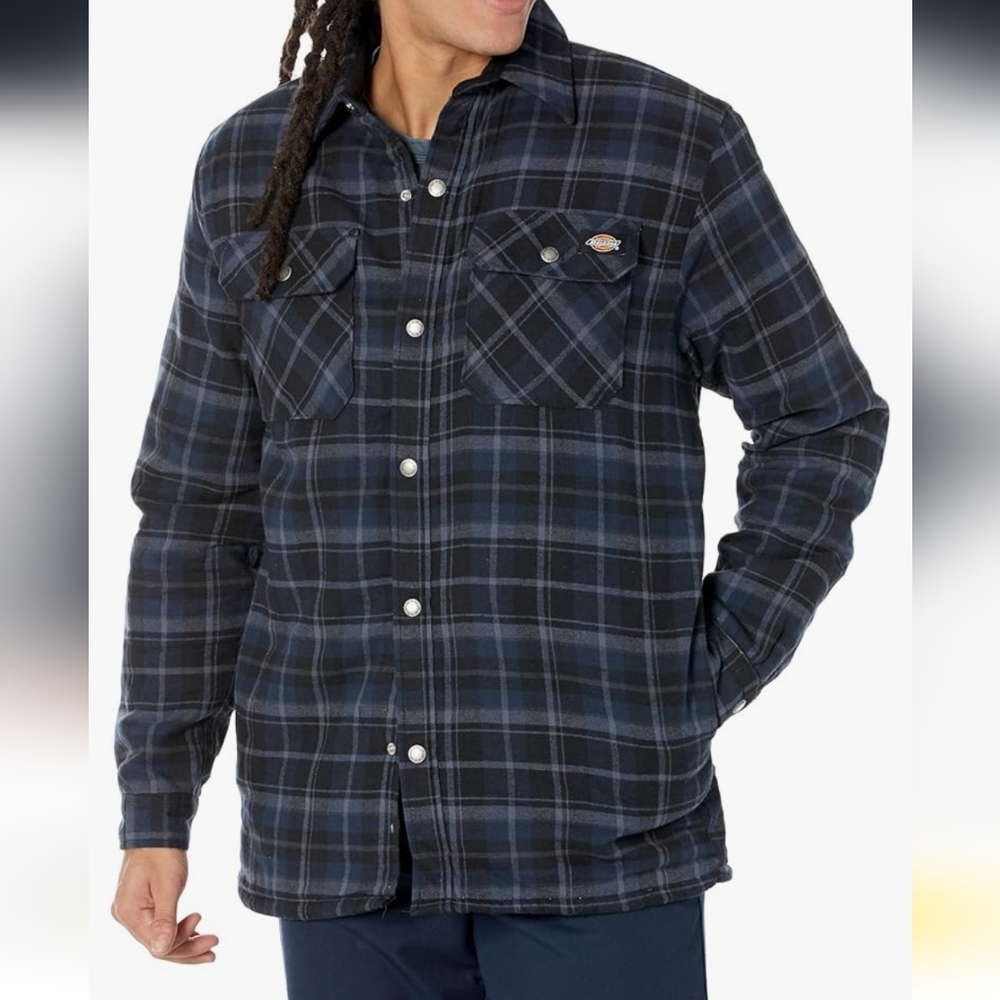 Dickies Navy Checkered Flannel Sherpa Lined Snap Buttons Shirt Jacket Size XL